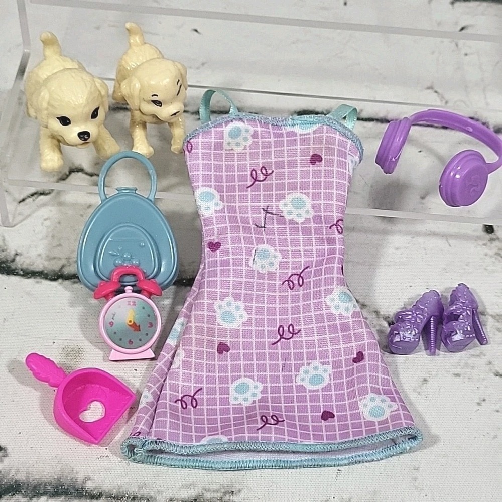 Barbie Doll Pet Sitter‎ Dog Lover Lot Paw Print Dress Puppies Shoes Scoop Clock